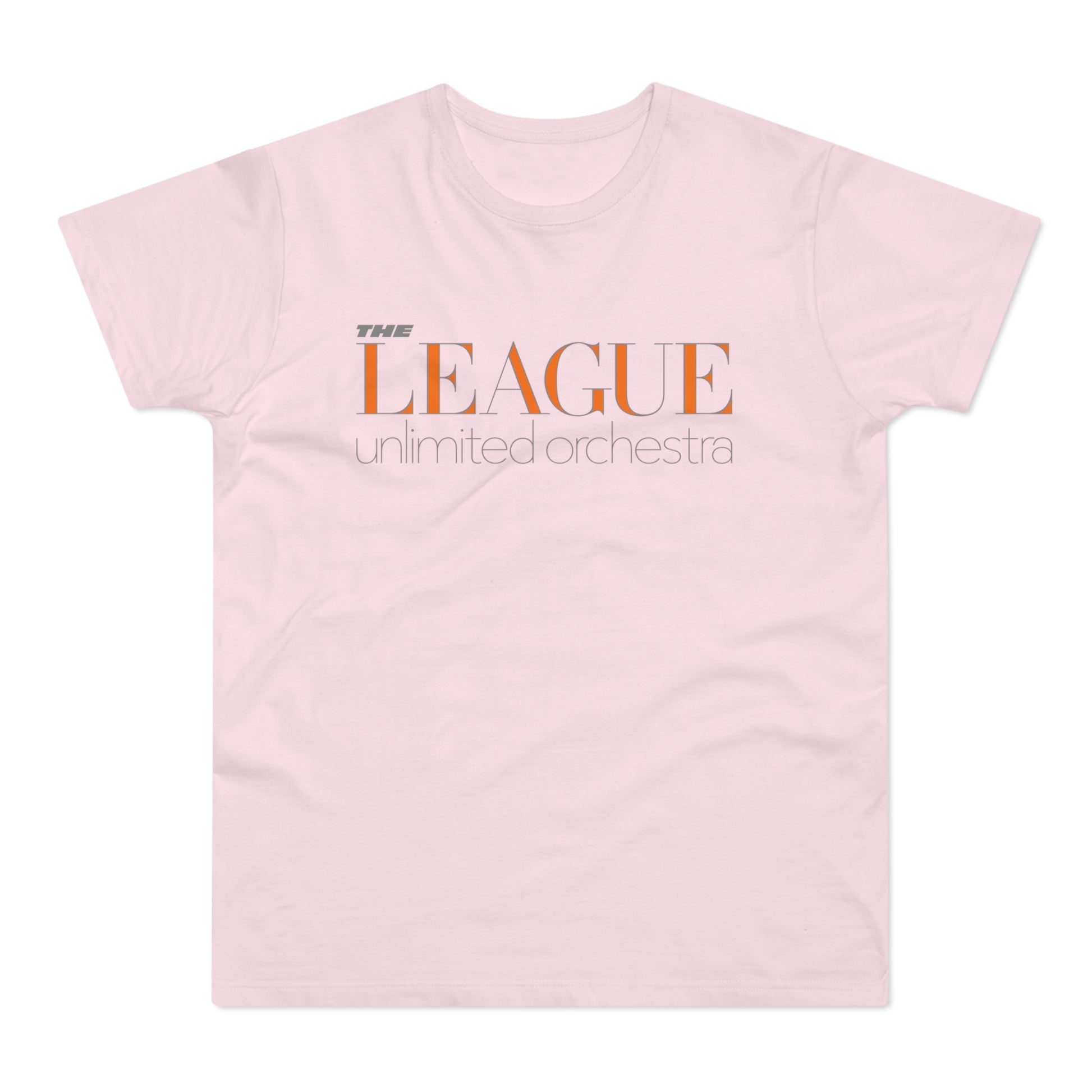 Light pink t-shirt with orange text reading "THE LEAGUE" and smaller grey text "unlimited orchestra".