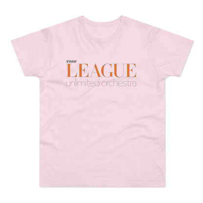Light pink t-shirt with orange text reading "THE LEAGUE" and smaller grey text "unlimited orchestra".