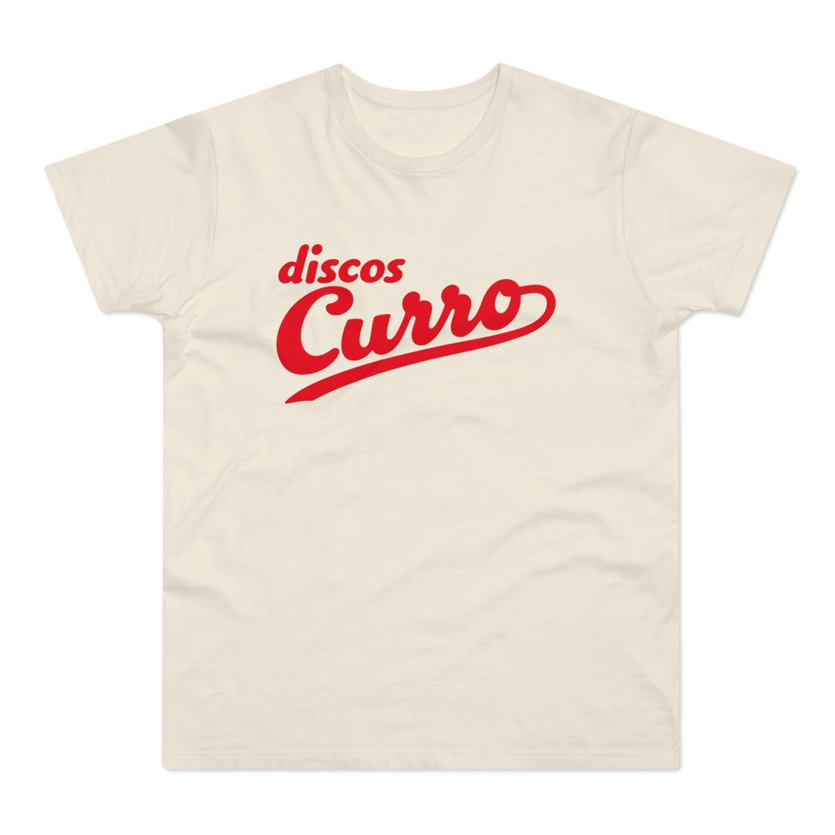 Cream t-shirt with red "discos Curro" script logo