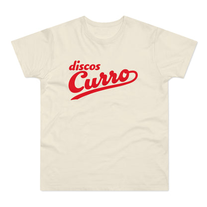Cream t-shirt with red "discos Curro" script logo