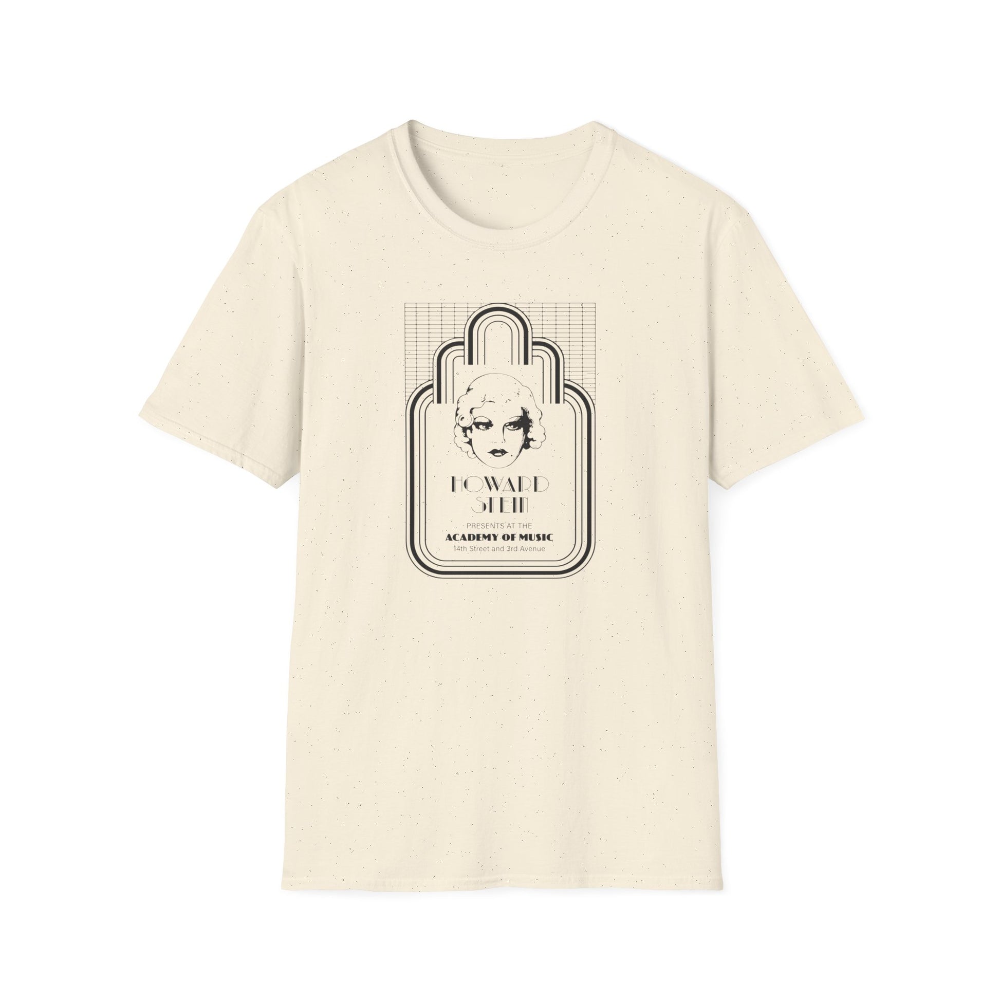 Cream t-shirt with "HOWARD STEIN ACADEMY OF MUSIC" graphic on front.