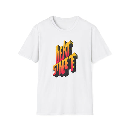 White t-shirt with a 3D "Beat Street" graphic in orange and yellow.