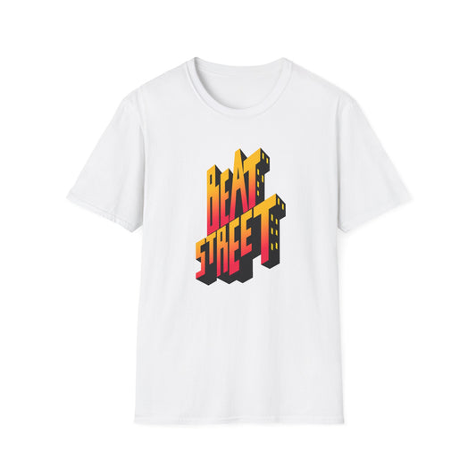 White t-shirt with a 3D "Beat Street" graphic in orange and yellow.
