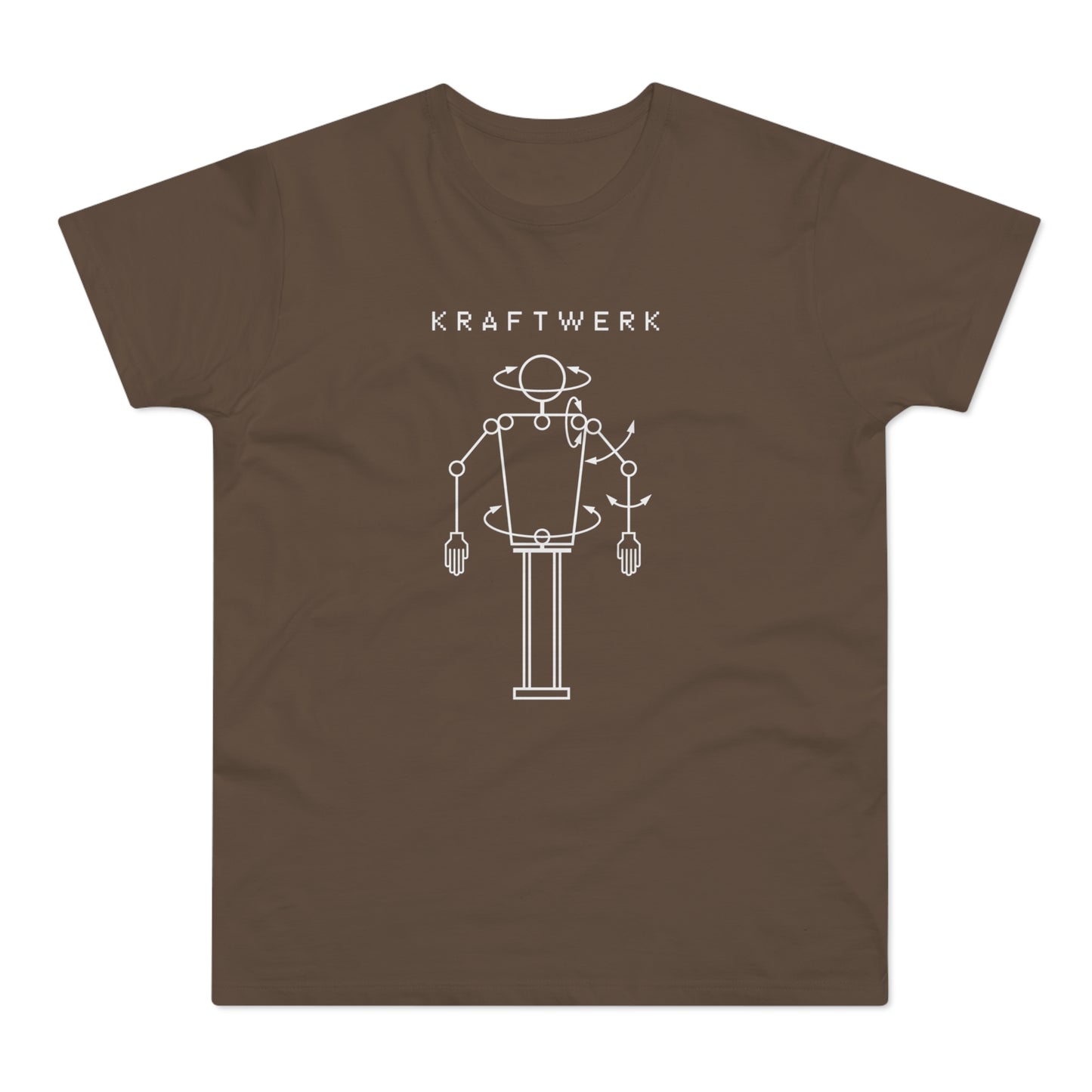 Brown t-shirt with white text "KRAFTWERK" and a robotic diagram.