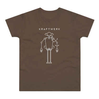 Brown t-shirt with white text "KRAFTWERK" and a robotic diagram.