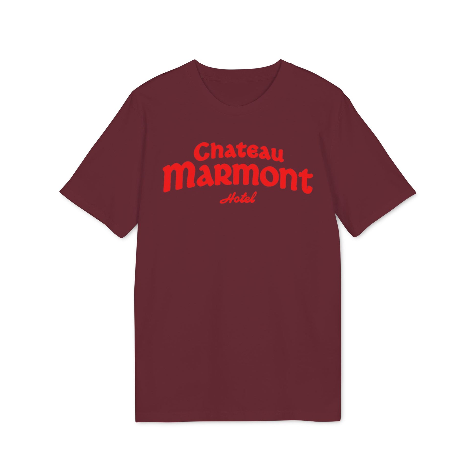 Maroon t-shirt with "Chateau Marmont Hotel" printed in red.