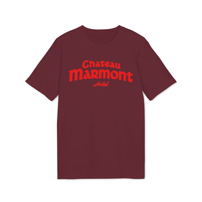 Maroon t-shirt with "Chateau Marmont Hotel" printed in red.