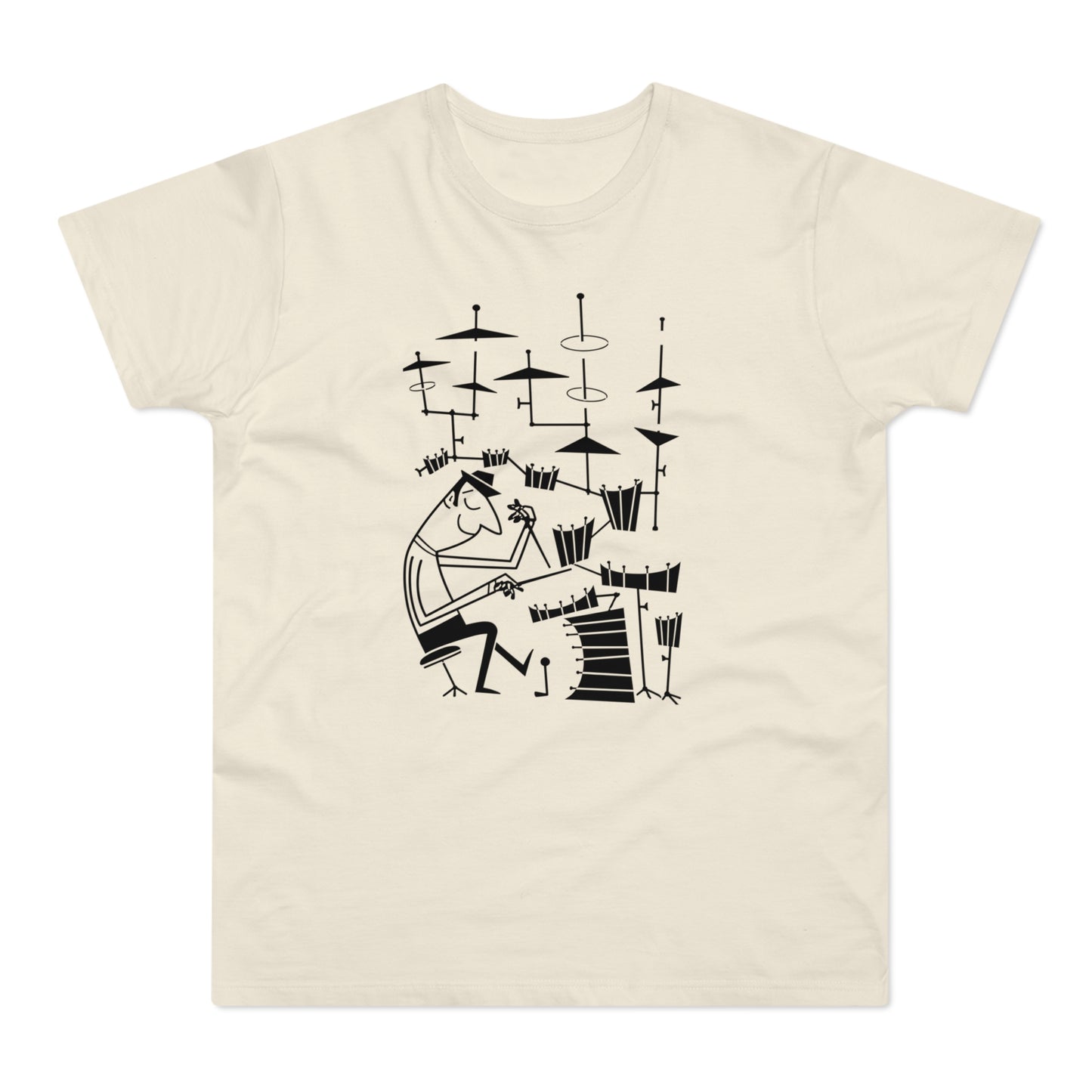 Black line drawing of a man playing drums on a cream t-shirt.