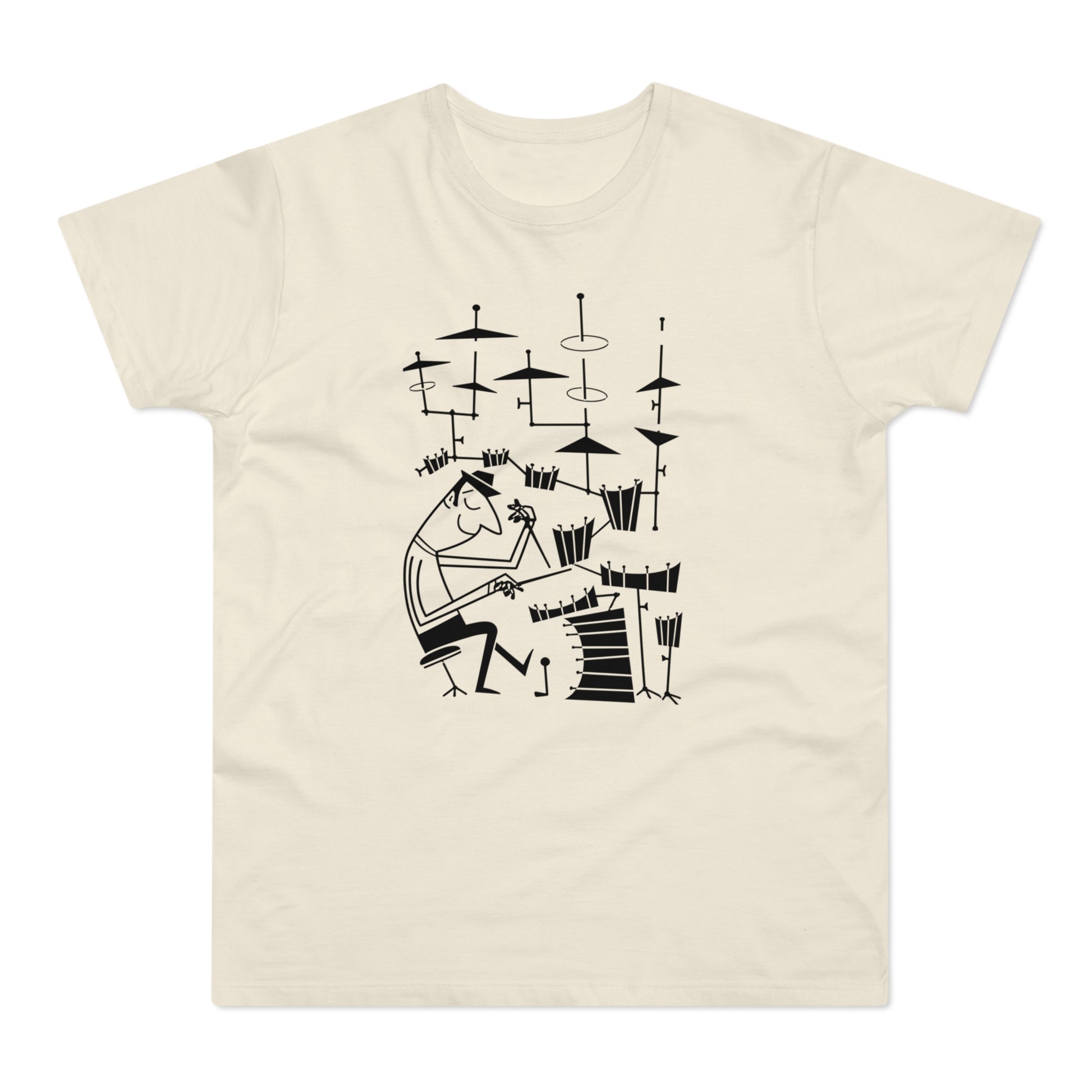 Black line drawing of a man playing drums on a cream t-shirt.