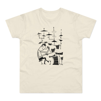 Black line drawing of a man playing drums on a cream t-shirt.
