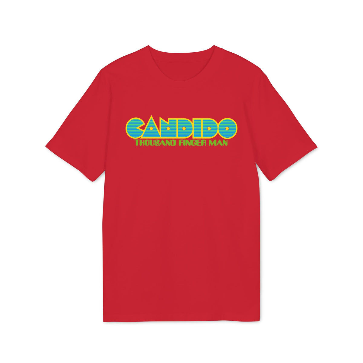 Red t-shirt with "CANDIDO THOUSAND FINGER MAN" text graphic.