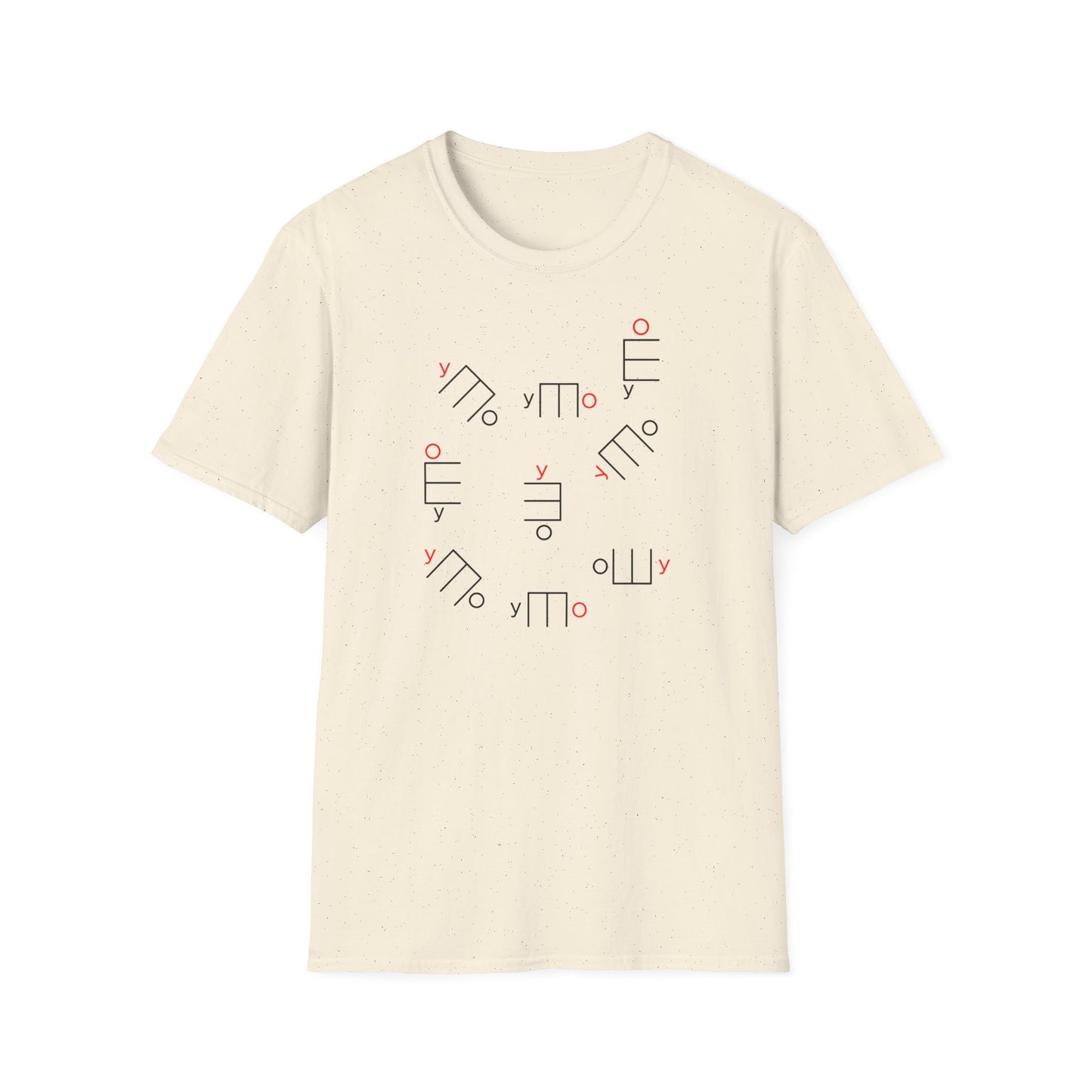 Cream t-shirt with scattered black and red abstract symbols.