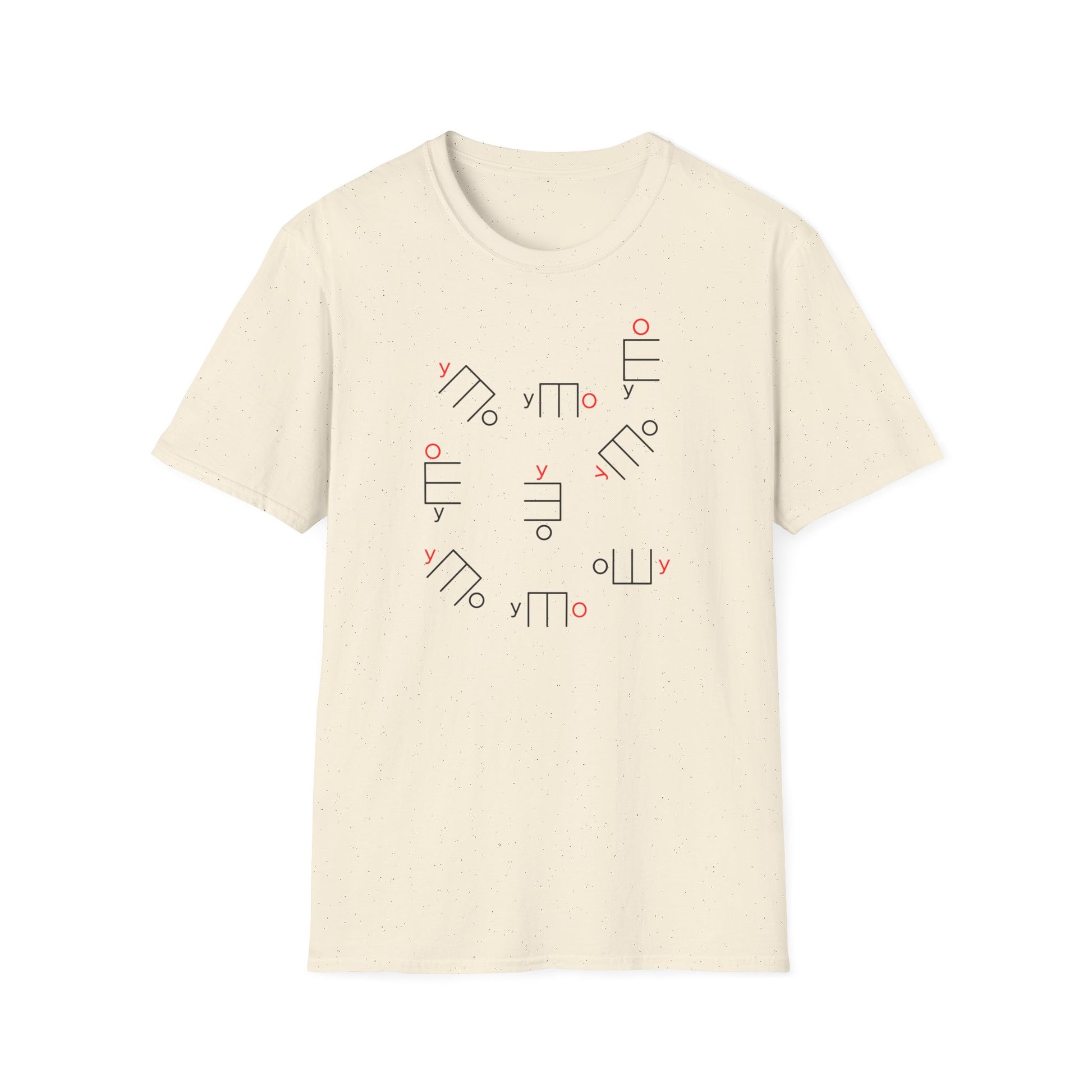 Cream t-shirt with scattered black and red abstract symbols.