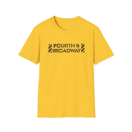 Yellow t-shirt with distressed black text "FOURTH & BROADWAY" on the front.