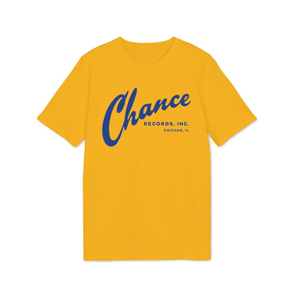 Yellow t-shirt with blue Chance Records Chicago, IL logo.