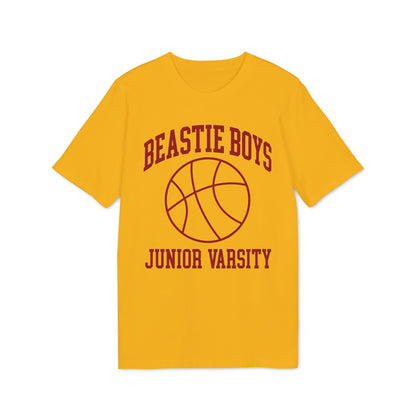 Yellow t-shirt with "Beastie Boys" and basketball graphic, "Junior Varsity" below.