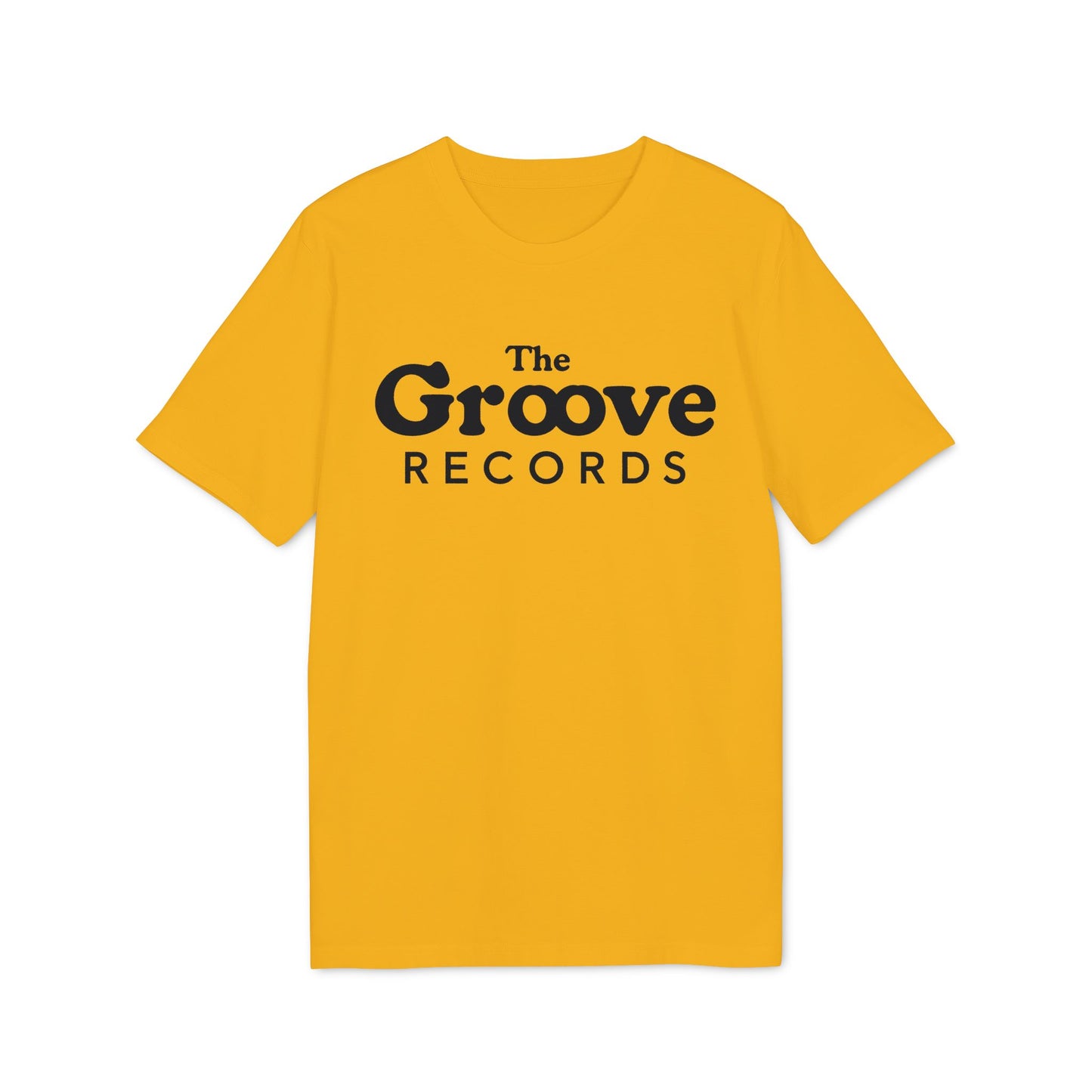 Yellow t-shirt with "The Groove Records" text logo in black.