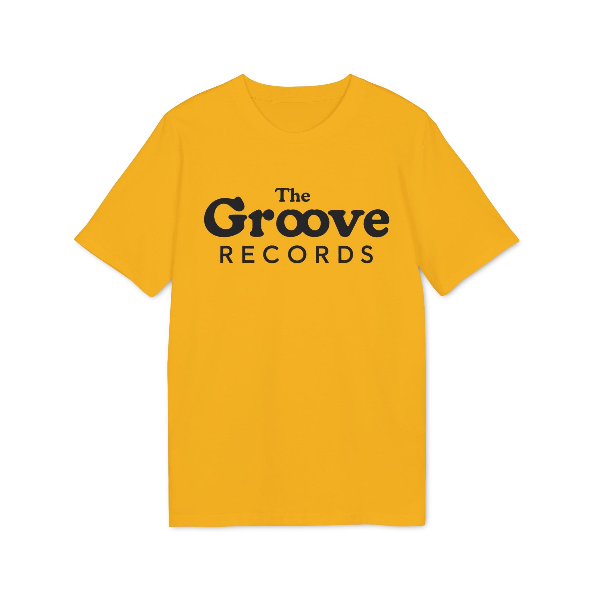 Yellow t-shirt with "The Groove Records" text logo in black.