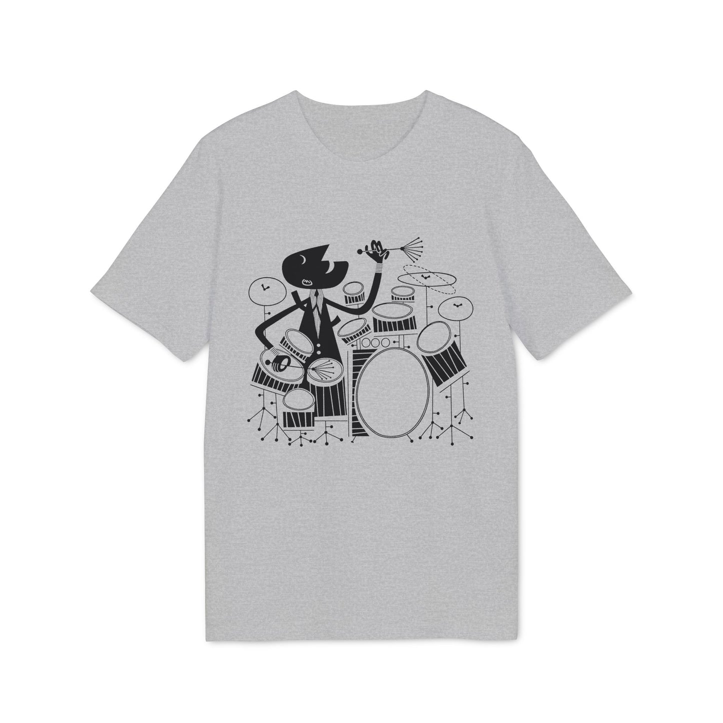 Black and white graphic of a character playing a drum set on a gray t-shirt.