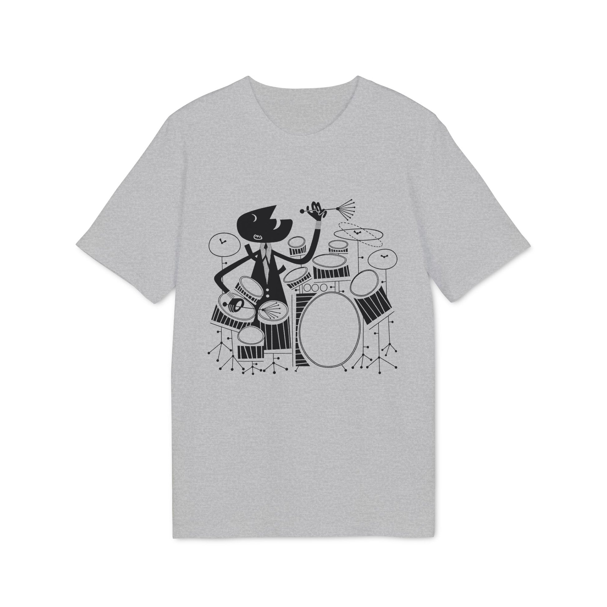 Black and white graphic of a character playing a drum set on a gray t-shirt.