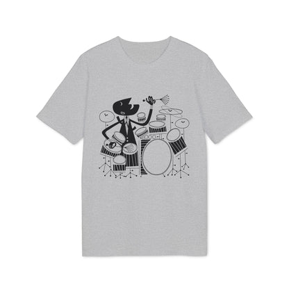Black and white graphic of a character playing a drum set on a gray t-shirt.