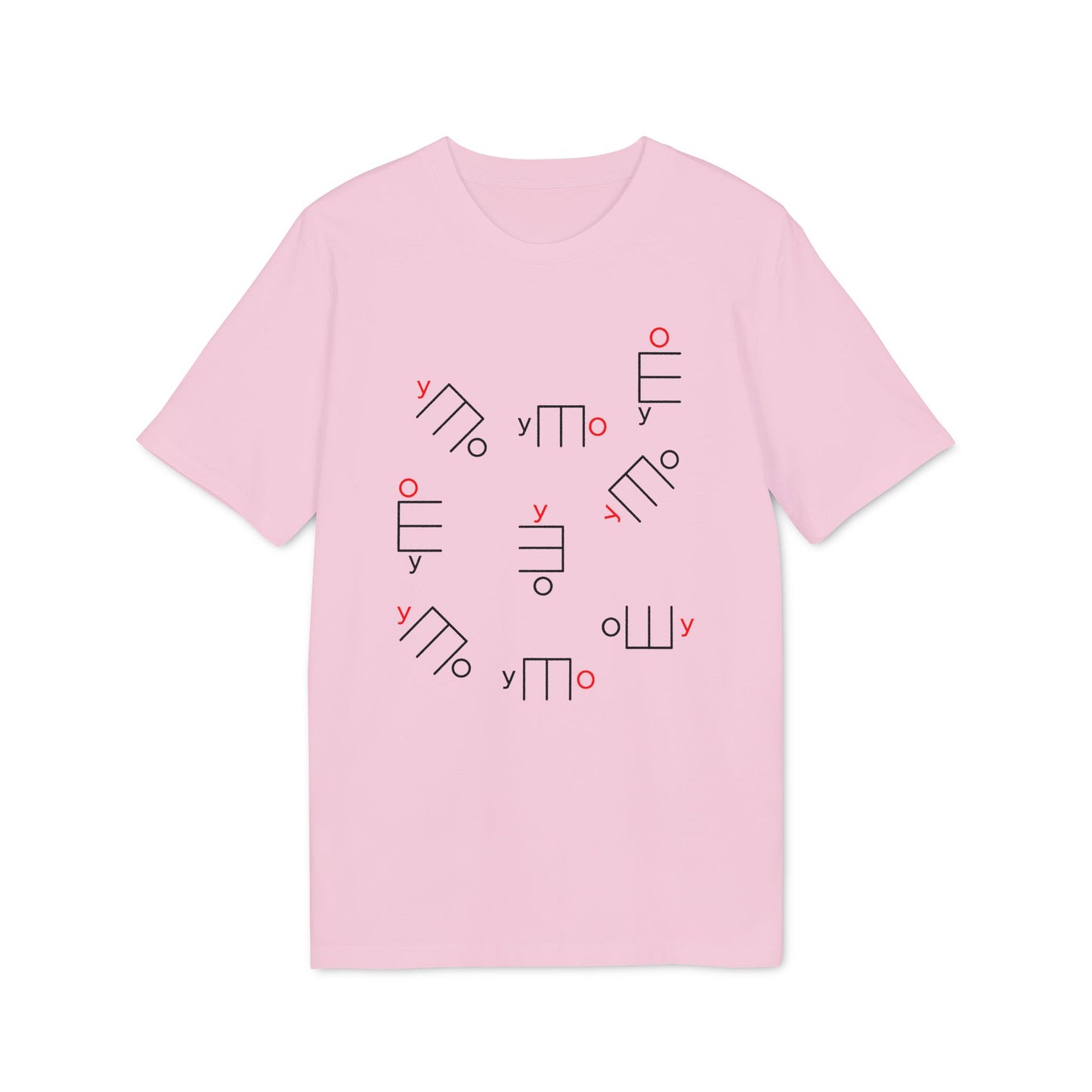 Pink t-shirt with scattered black and red abstract geometric shapes and letters.