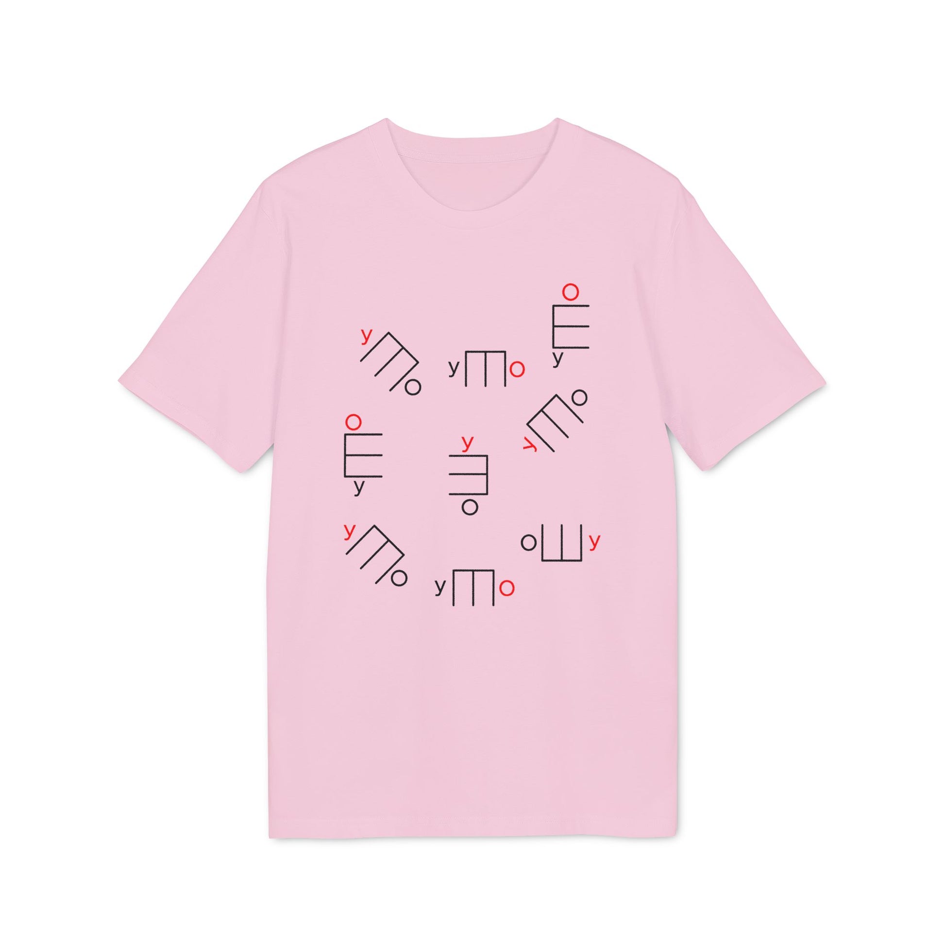 Pink t-shirt with scattered black and red abstract geometric shapes and letters.