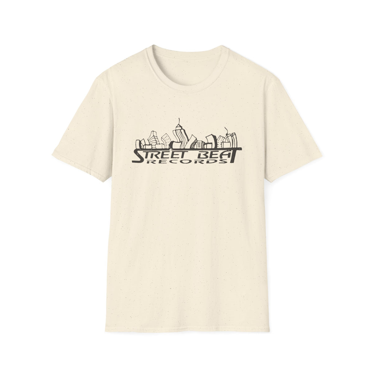 Cream t-shirt with black "Street Beat Records" logo and city skyline graphic.