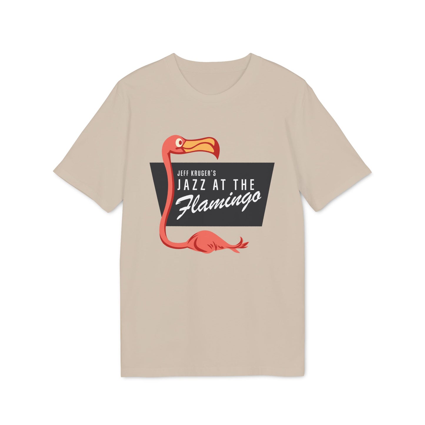 Tan t-shirt with a pink flamingo graphic and "Jeff Kruger's Jazz at the Flamingo" text.