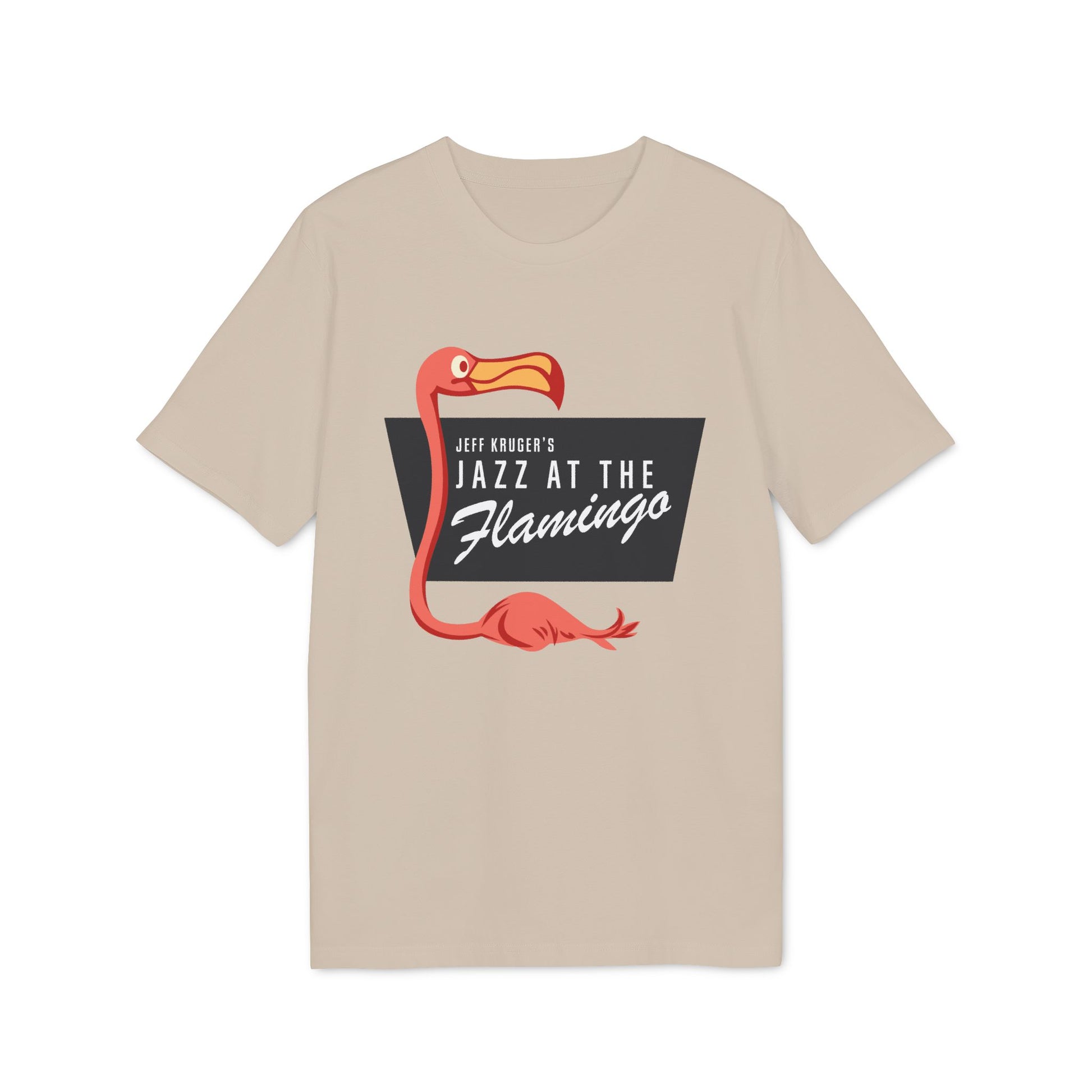 Tan t-shirt with a pink flamingo graphic and "Jeff Kruger's Jazz at the Flamingo" text.