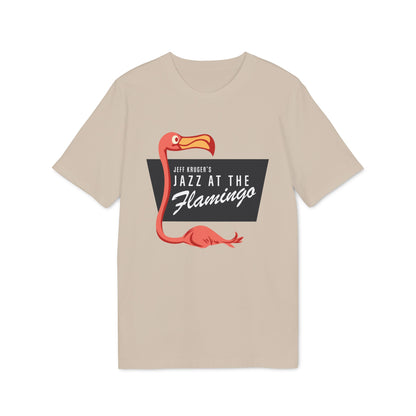 Tan t-shirt with a pink flamingo graphic and "Jeff Kruger's Jazz at the Flamingo" text.