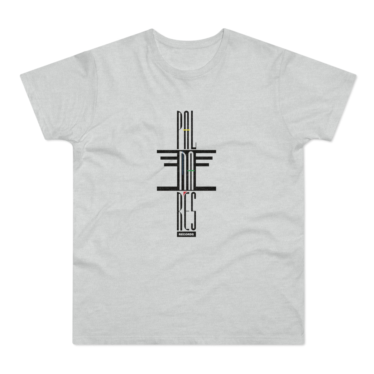 Light grey t-shirt with black vertical text graphic and "RECORDS" label.
