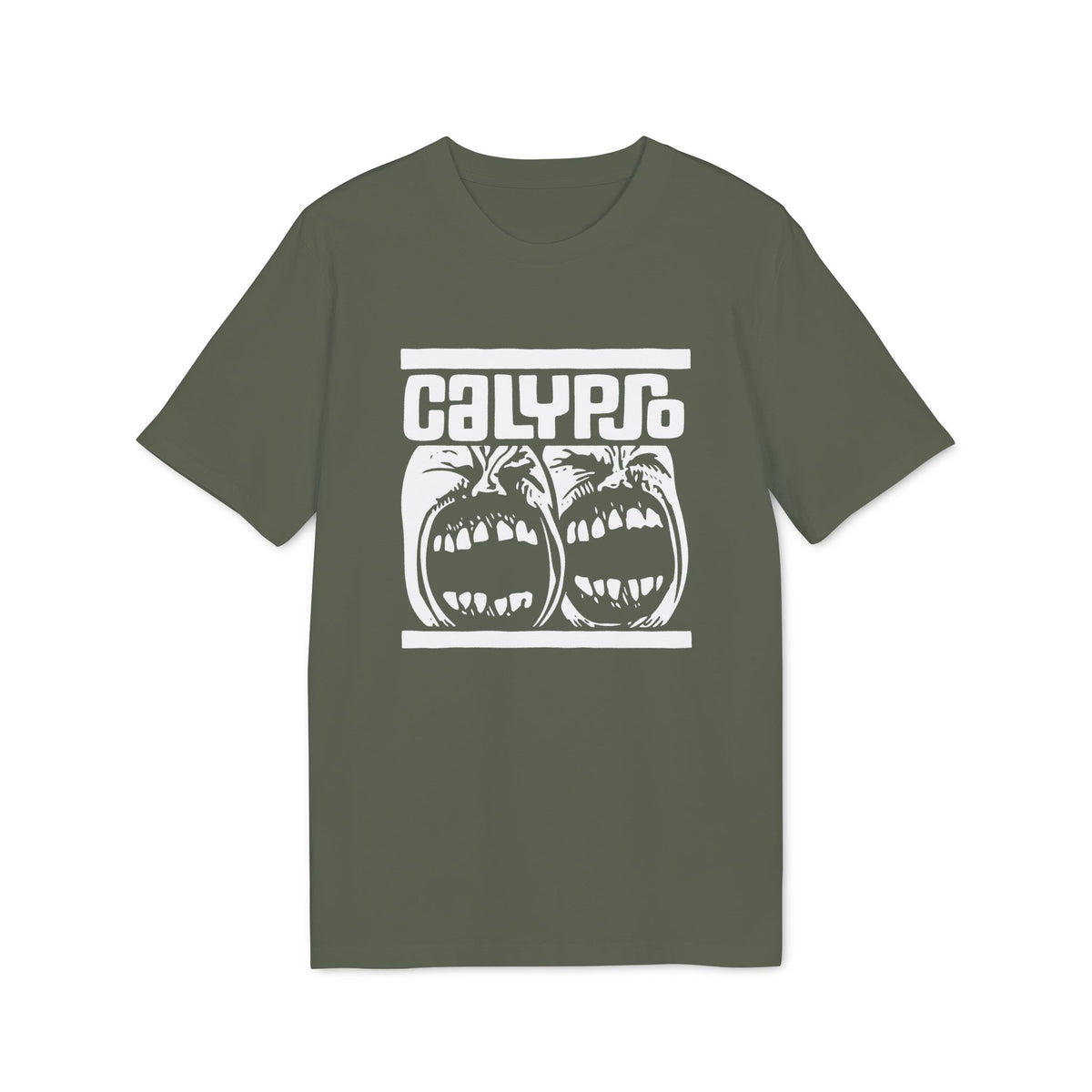 Olive green t-shirt with white Calypso logo and two screaming faces graphic.