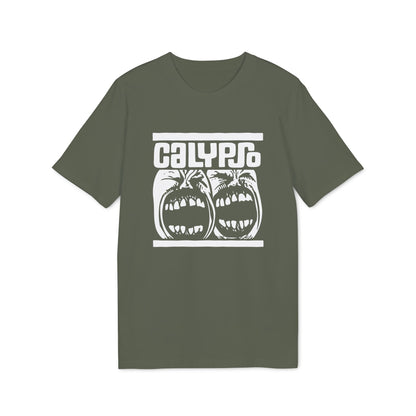 Olive green t-shirt with white Calypso logo and two screaming faces graphic.