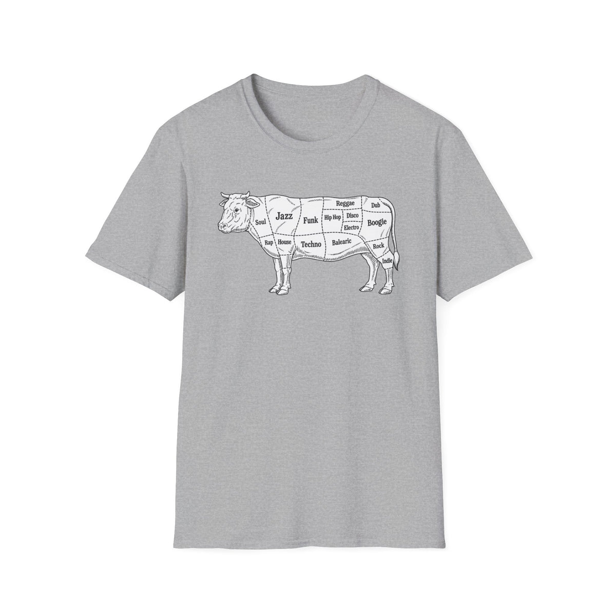 Grey t-shirt featuring a cow diagram labeling music genres.