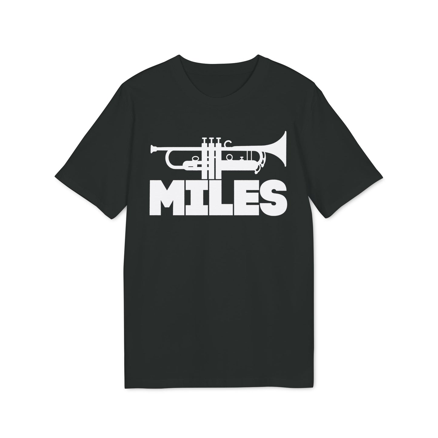 Black t-shirt with white trumpet graphic and "MILES" text.