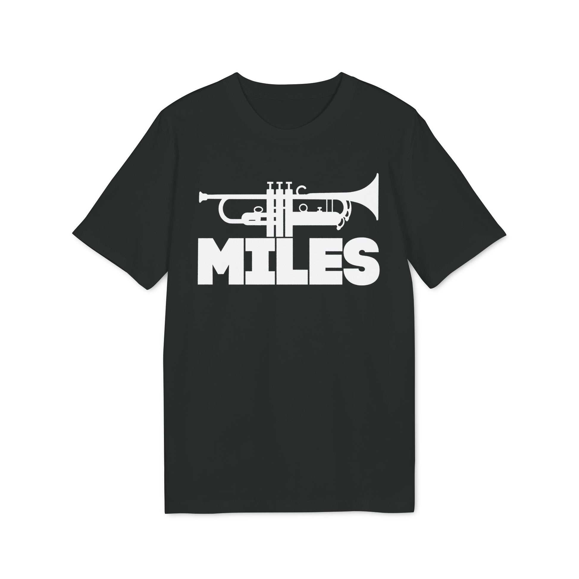 Black t-shirt with white trumpet graphic and "MILES" text.