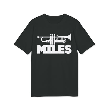Black t-shirt with white trumpet graphic and "MILES" text.