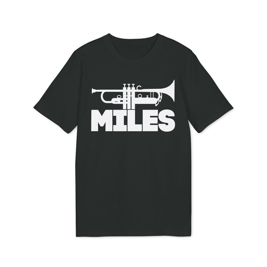 Black t-shirt with white trumpet graphic and "MILES" text.