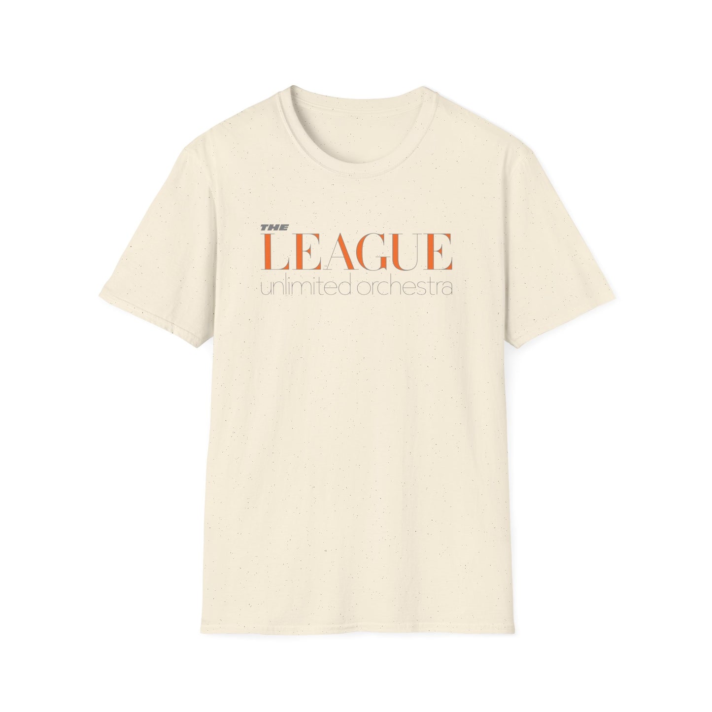 Cream t-shirt with orange and gray "THE LEAGUE unlimited orchestra" text.