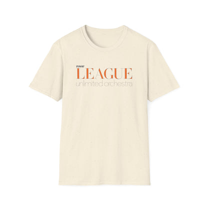 Cream t-shirt with orange and gray "THE LEAGUE unlimited orchestra" text.