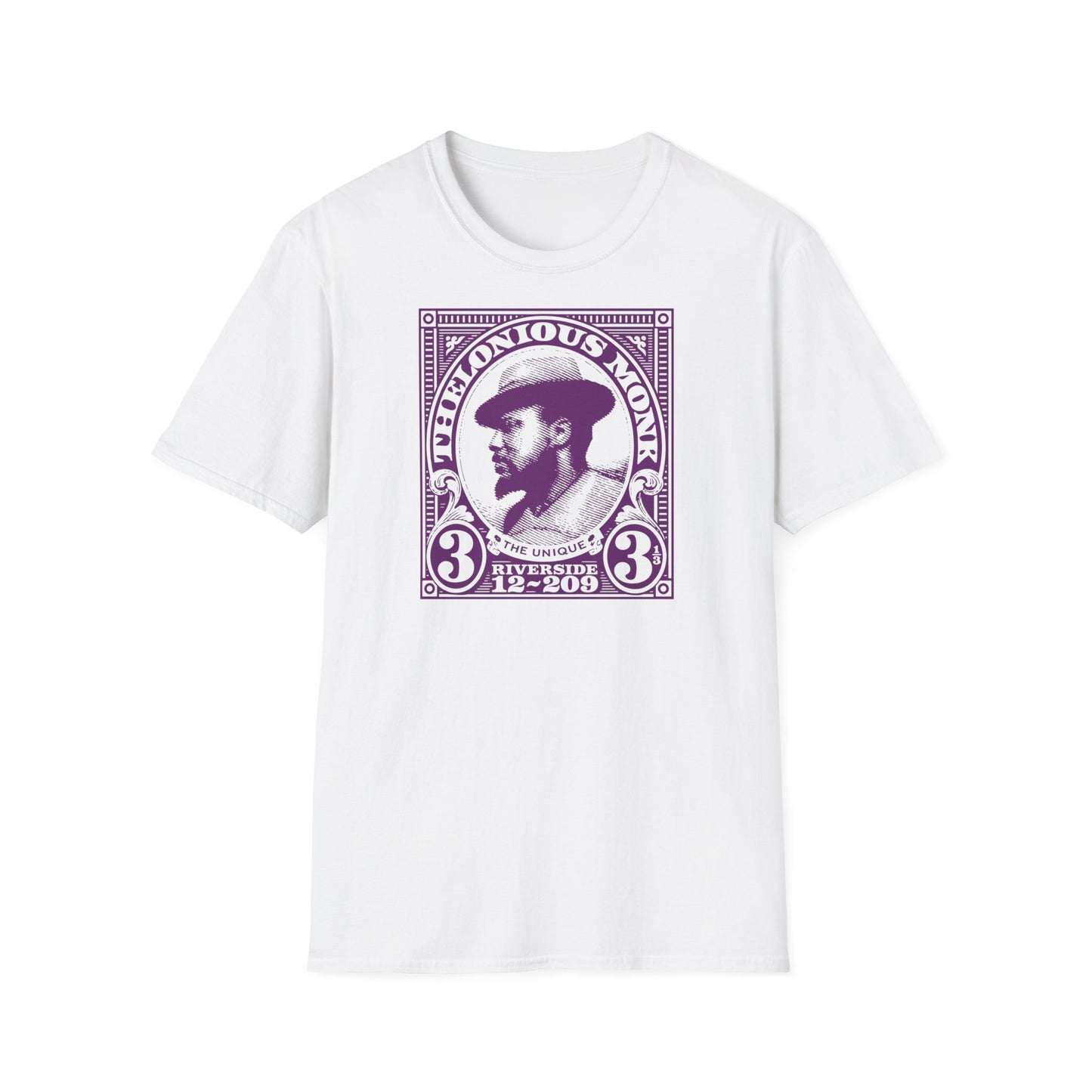 White t-shirt with Thelonious Monk portrait graphic and text in purple.