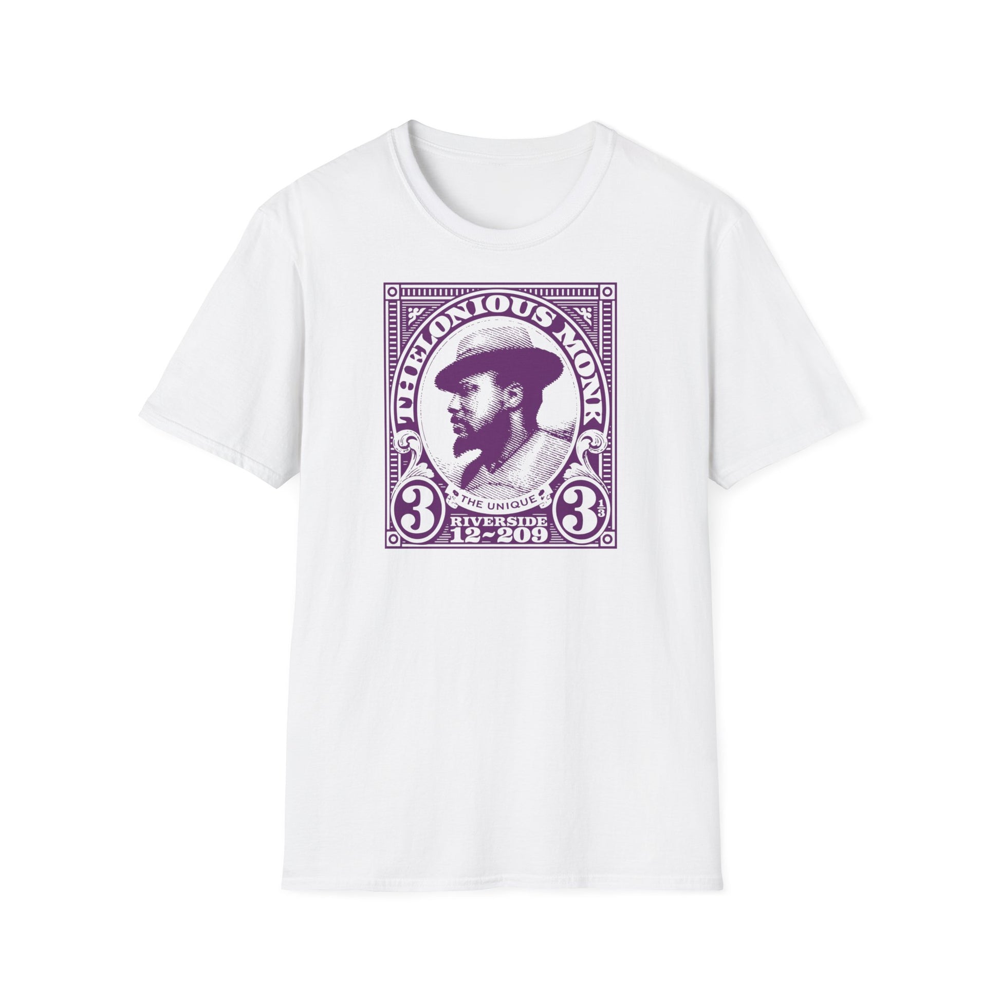 White t-shirt with Thelonious Monk portrait graphic and text in purple.