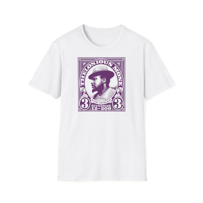 White t-shirt with Thelonious Monk portrait graphic and text in purple.