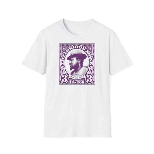 White t-shirt with Thelonious Monk portrait graphic and text in purple.