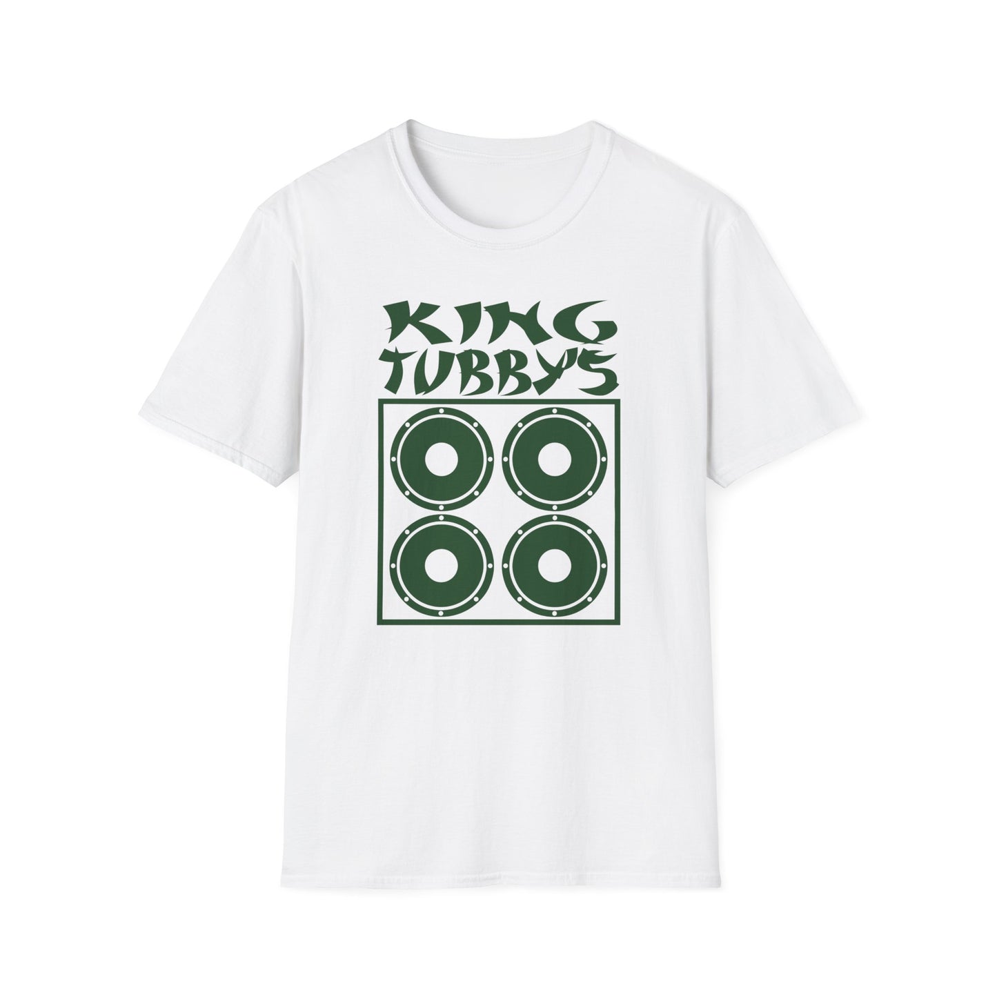 White t-shirt with green "KING TUBBY'S" text and four speaker graphic.