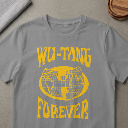 Gray t-shirt with yellow "WU-TANG FOREVER" text and globe graphic.