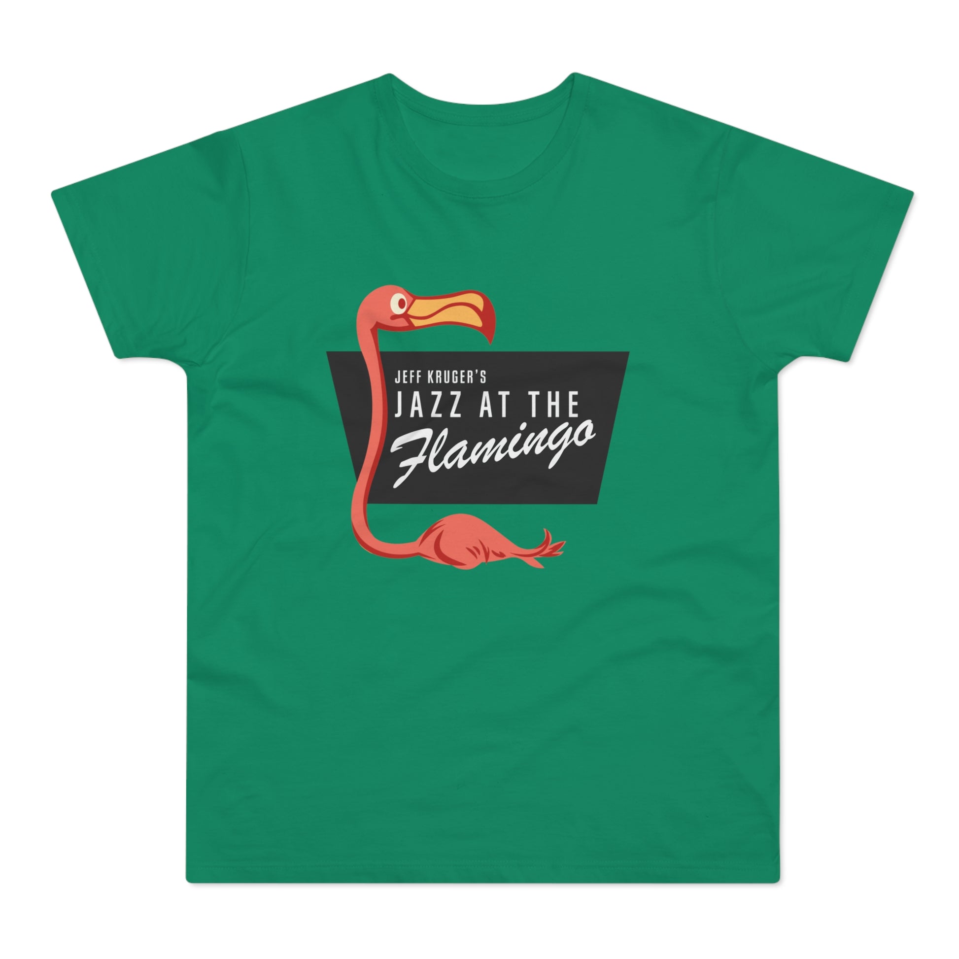 Green t-shirt with "Jeff Kruger's Jazz at the Flamingo" text and illustration.