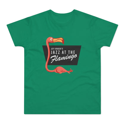 Green t-shirt with "Jeff Kruger's Jazz at the Flamingo" text and illustration.