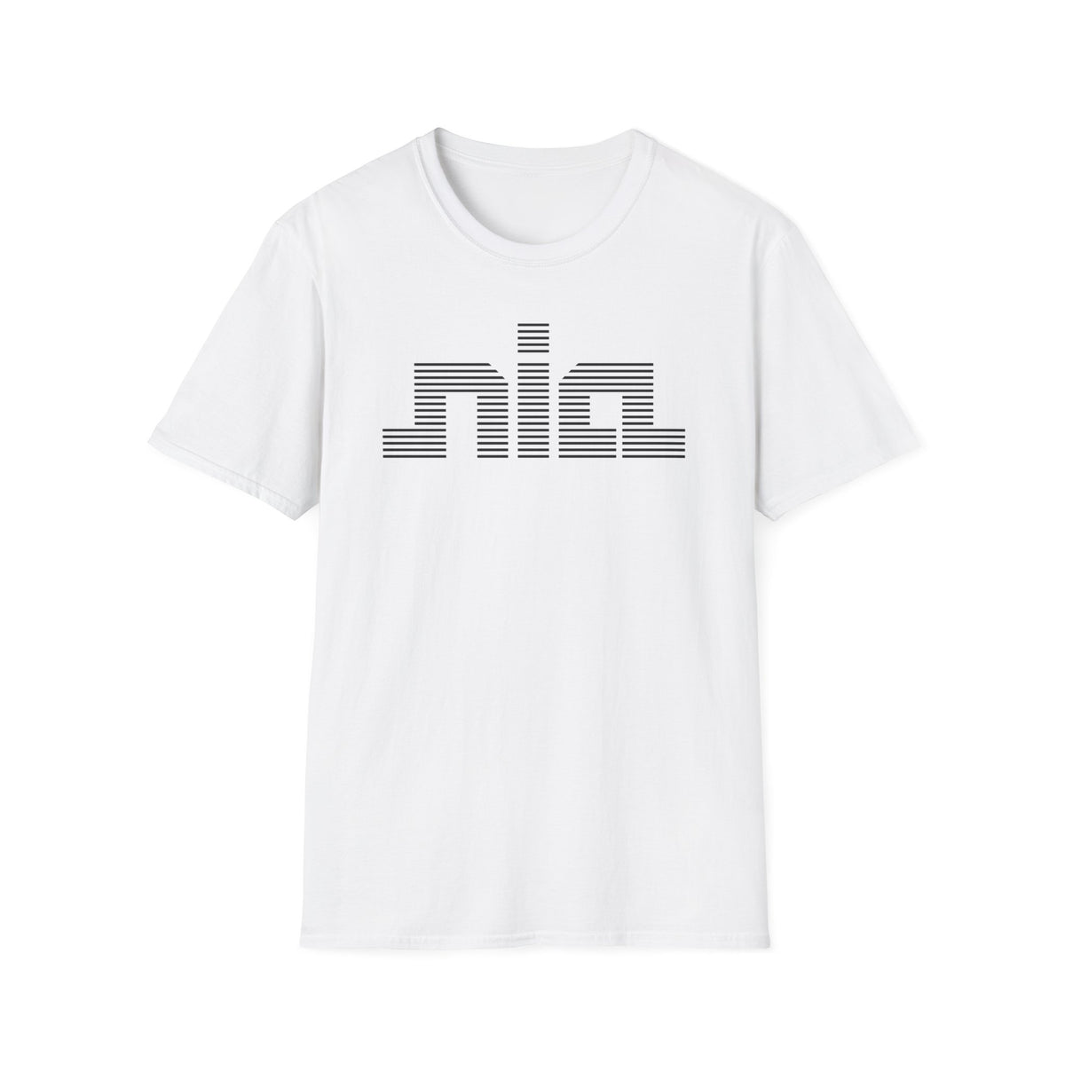 White t-shirt with black horizontal striped "nia" logo on chest.